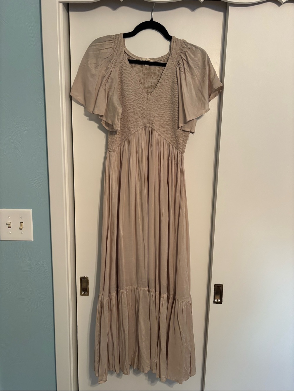Shop Stevie Beige Flutter-Sleeve Maxi Dress